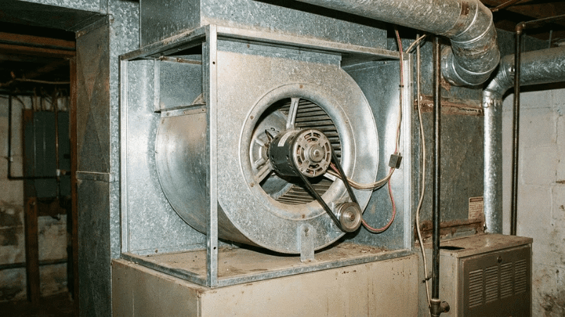 Residential furnace fan and blower assembly inside an HVAC system, responsible for circulating warm air throughout the home.