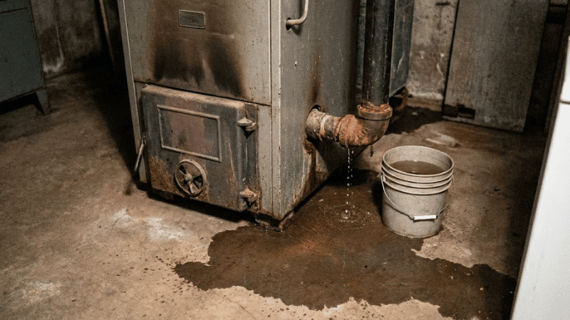 Furnace leaking water onto a basement floor with visible pooling near the drain pipe, indicating a potential condensate or drainage issue.