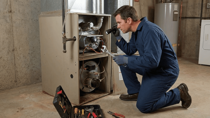 HVAC professional fixing furnace.