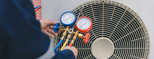 An HVAC technician connects pressure gauges to an outdoor AC condenser unit to check refrigerant levels during maintenance.