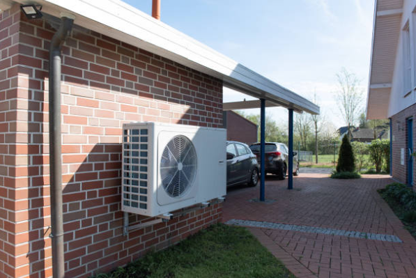 A wall-mounted outdoor air conditioning unit installed on the exterior of a residential brick home.